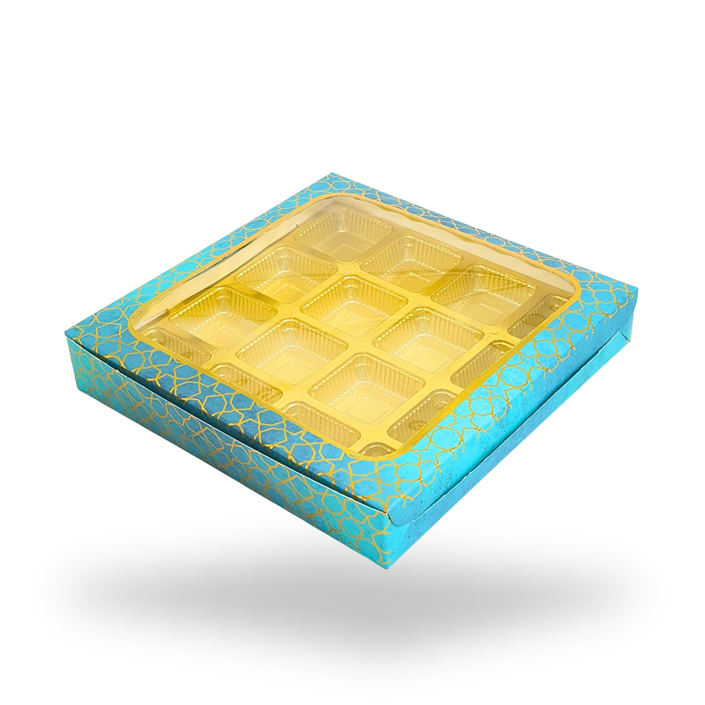 16 Cavity Chocolate Box | 7.5x7.5x1.25 inch | Turquoise With Golden Foiling