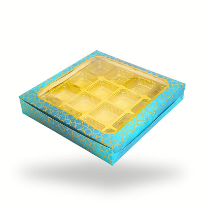 16 Cavity Chocolate Box | 7.5x7.5x1.25 inch | Turquoise With Golden Foiling
