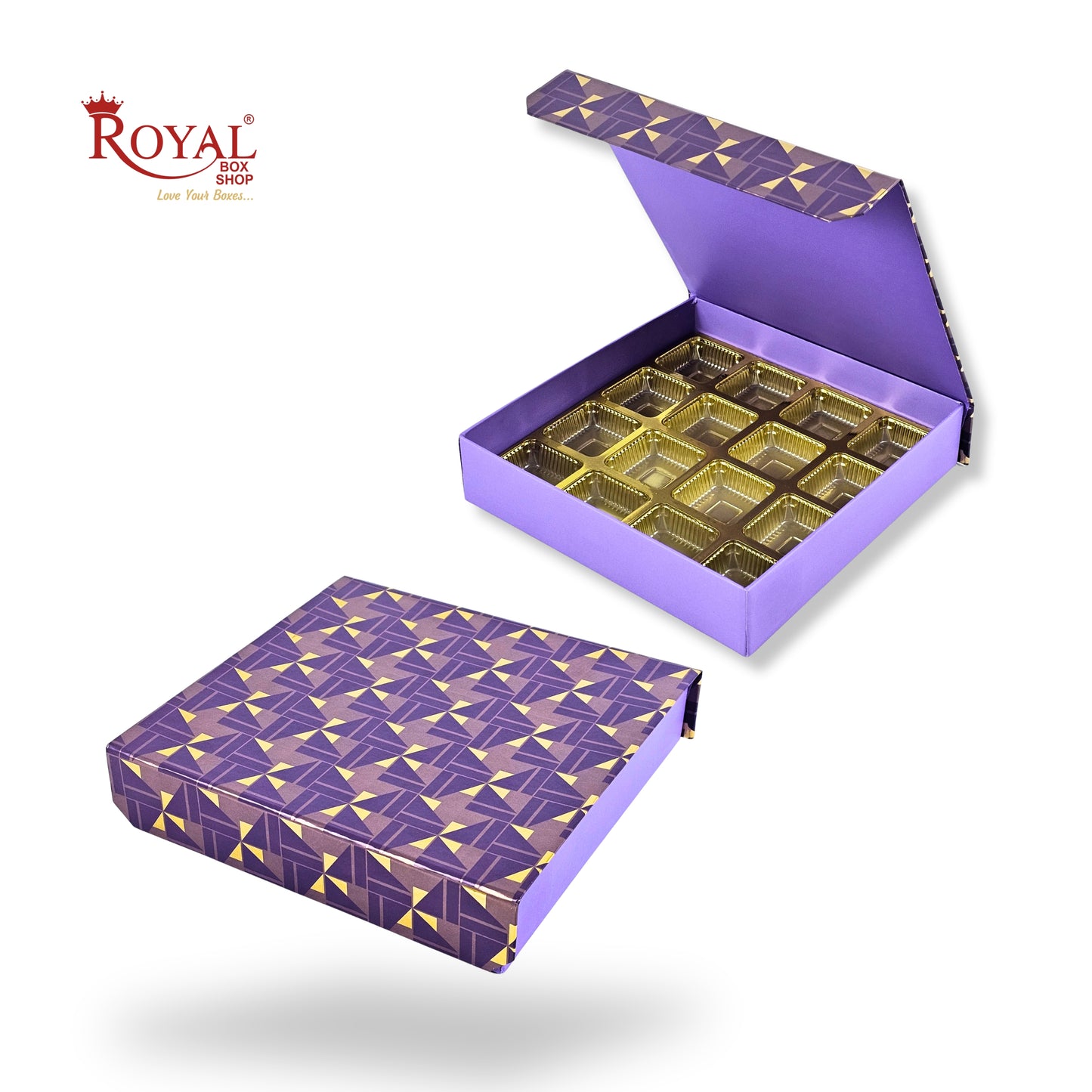 Rigid Chocolate Boxes 16 Cavity With Magnetic Flap I Purple with Gold Foiling I 7.5X7.5X1.5 Inch I Kappa Box