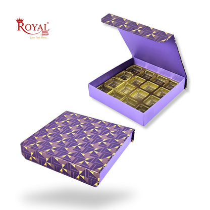 Rigid Chocolate Boxes 16 Cavity With Magnetic Flap I Purple with Gold Foiling I 7.5X7.5X1.5 Inch I Kappa Box