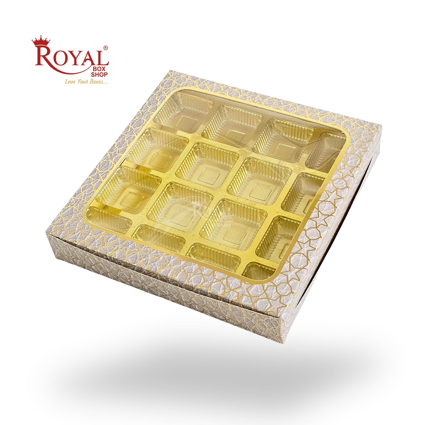 16 Cavity Chocolate Box | 7.5x7.5x1.25 inch | White With Golden Foiling