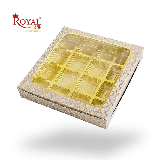 16 Cavity Chocolate Box | 7.5x7.5x1.25 inch | White With Golden Foiling I B2B