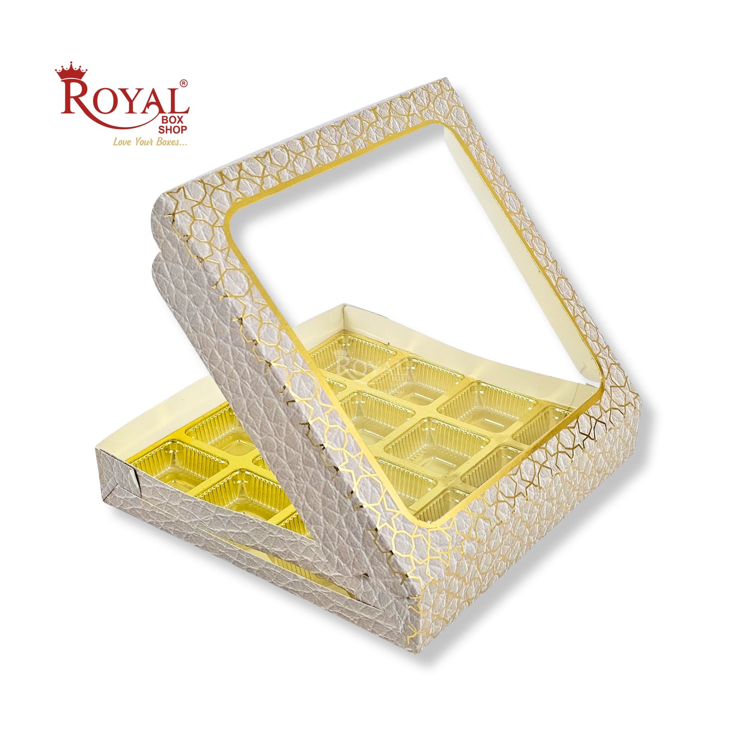 16 Cavity Chocolate Box | 7.5x7.5x1.25 inch | White With Golden Foiling