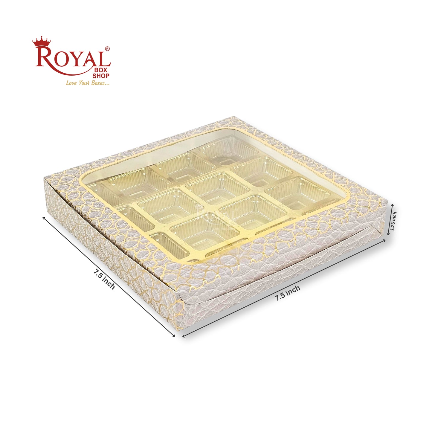 16 Cavity Chocolate Box | 7.5x7.5x1.25 inch | White With Golden Foiling