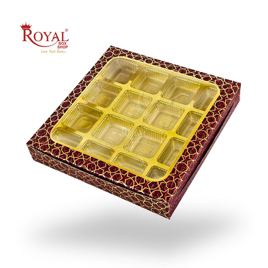 16 Cavity Chocolate Box | 7.5x7.5x1.25 inch | Maroon With Golden Foiling I B2B