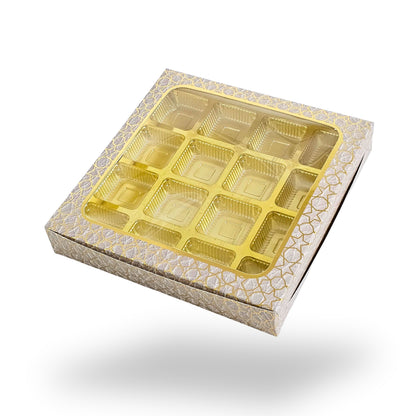 16 Cavity Chocolate Box | 7.5x7.5x1.25 inch | White With Golden Foiling