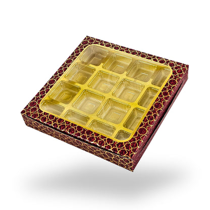 16 Cavity Chocolate Box | 7.5x7.5x1.25 inch | Maroon With Golden Foiling