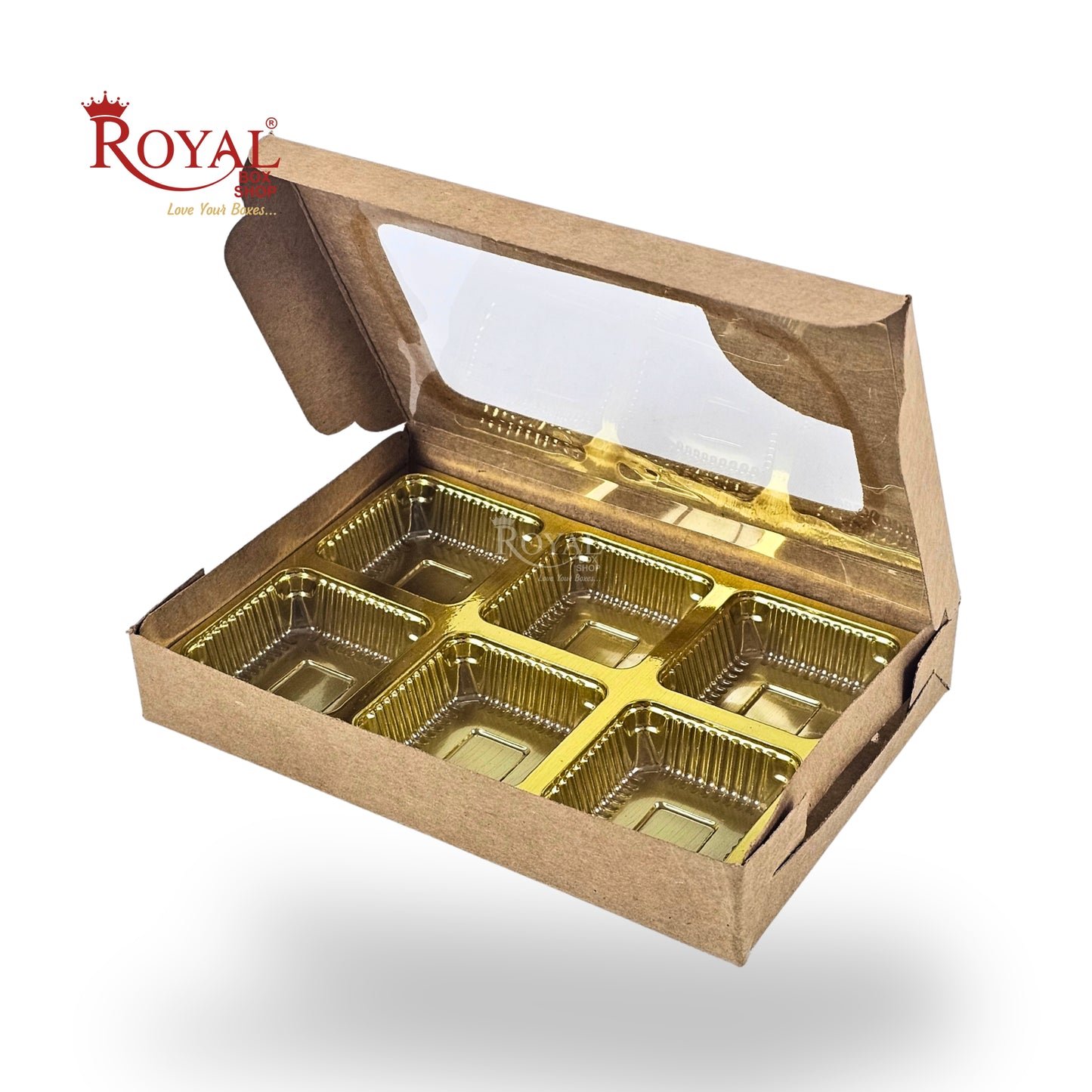 6 Cavity Chocolate Kraft Boxes with Window - 5.75 x 4 x 1 inches - Brown