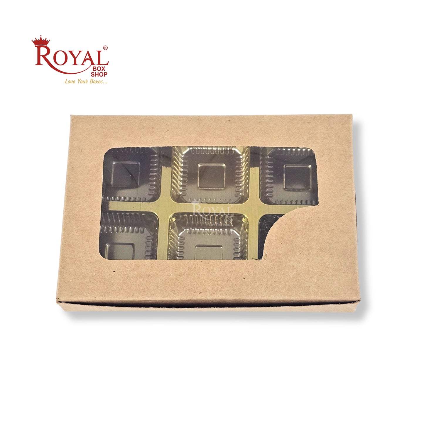 6 Cavity Chocolate Kraft Boxes with Window - 5.75 x 4 x 1 inches - Brown