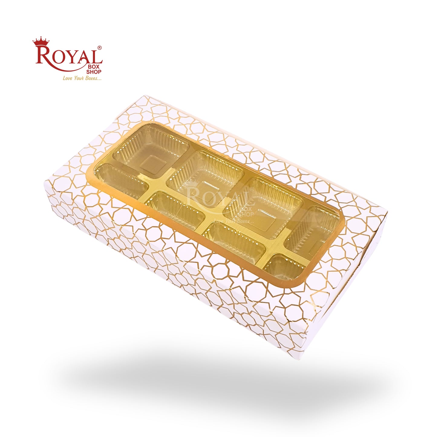8 Cavity Chocolate Boxes I 7.5 x 4 x 1.25 inches I White With Golden Foiling