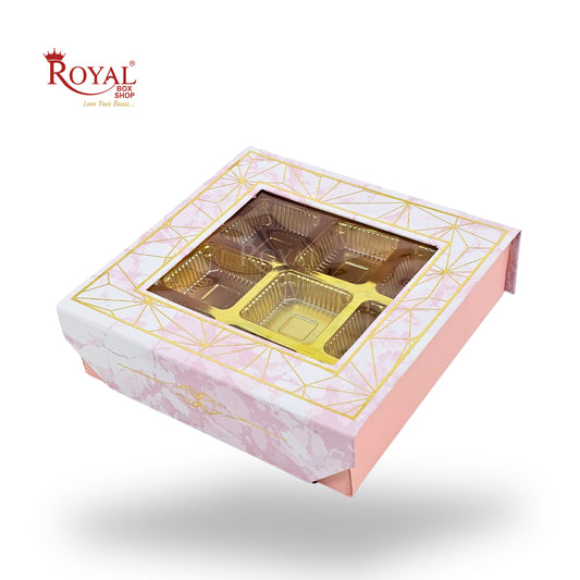 9 Cavity Rigid Chocolate Box With Window | Magnetic Flap | Pink with Gold Foiling | 5.5x5.5x1.5 Inch