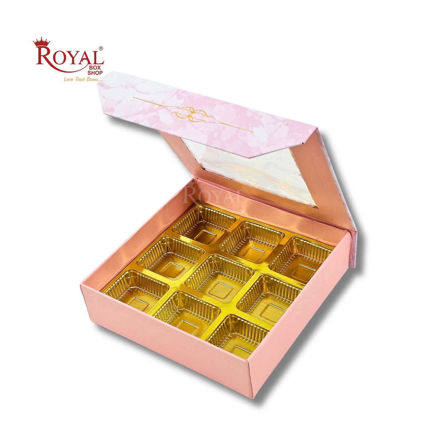 9 Cavity Rigid Chocolate Box With Window | Magnetic Flap | Pink with Gold Foiling | 5.5x5.5x1.5 Inch