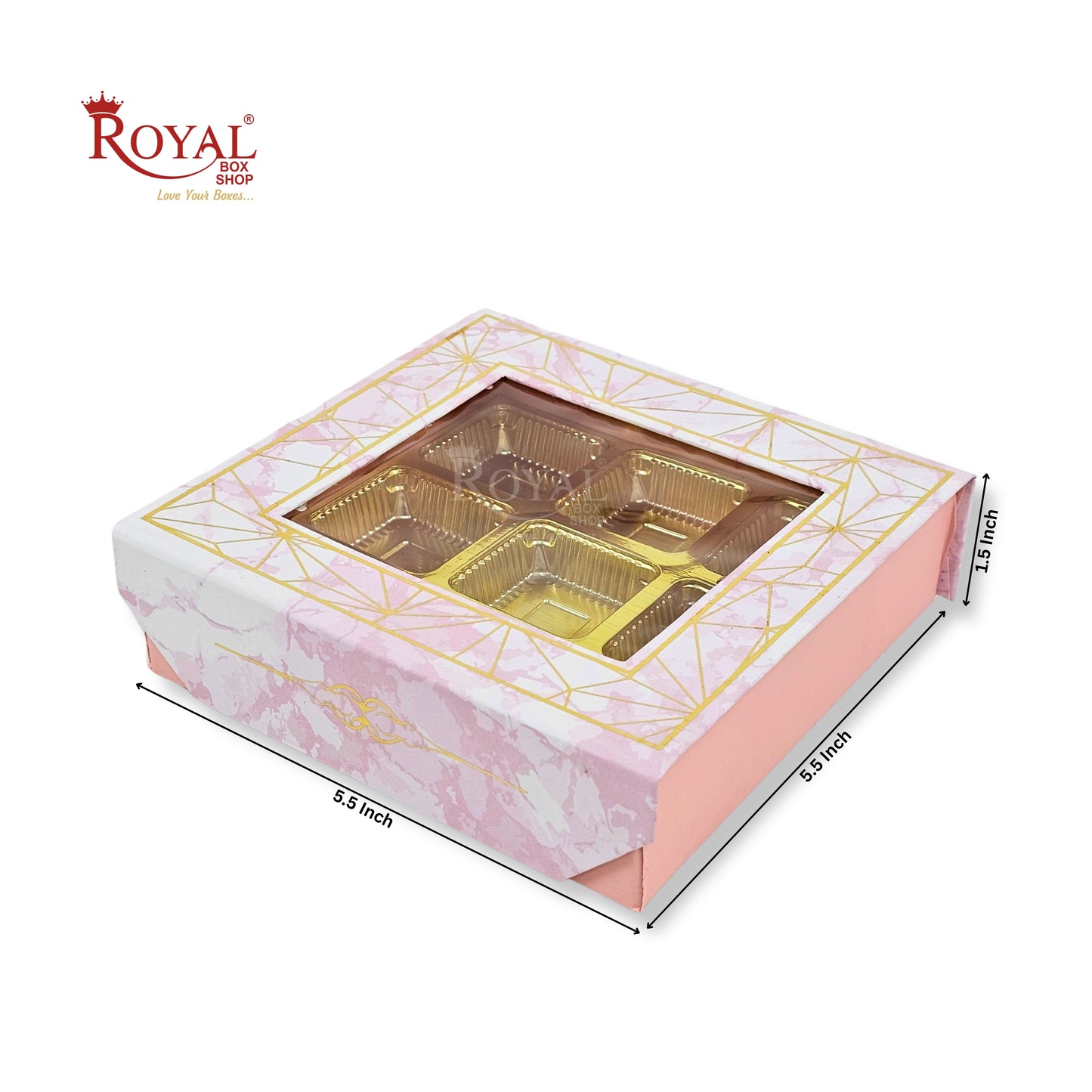 9 Cavity Rigid Chocolate Box With Window | Magnetic Flap | Pink with Gold Foiling | 5.5x5.5x1.5 Inch