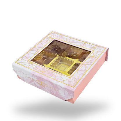 9 Cavity Rigid Chocolate Box With Window | Magnetic Flap | Pink with Gold Foiling | 5.5x5.5x1.5 Inch