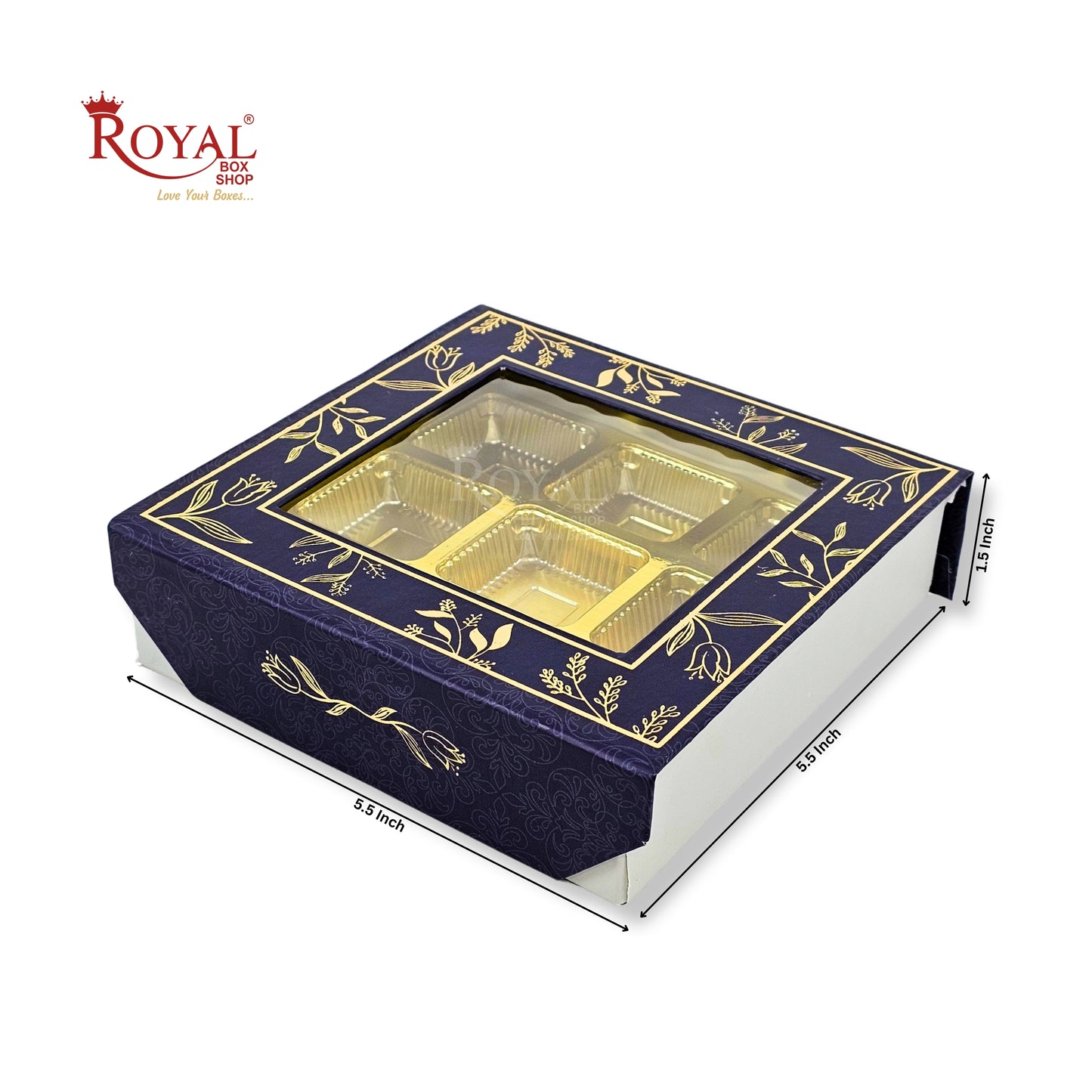 9 Cavity Rigid Chocolate Box With Window | Magnetic Flap | Blue with Gold Foiling | 5.5x5.5x1.5 Inch