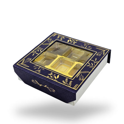 9 Cavity Rigid Chocolate Box With Window | Magnetic Flap | Blue with Gold Foiling | 5.5x5.5x1.5 Inch