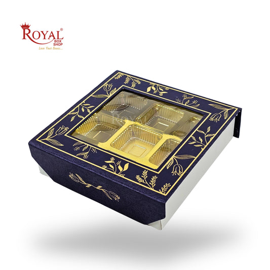 9 Cavity Rigid Chocolate Box With Window | Magnetic Flap | Blue with Gold Foiling | 5.5x5.5x1.5 Inch