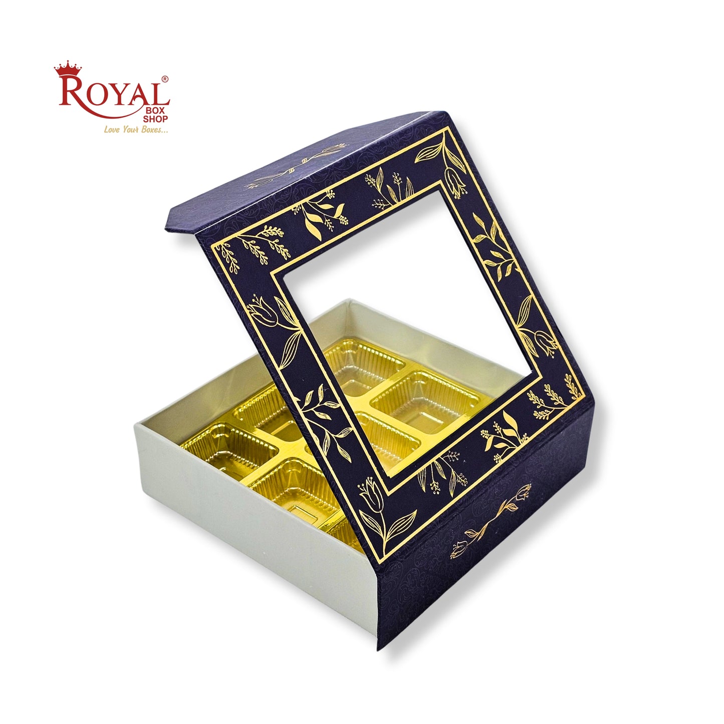 9 Cavity Rigid Chocolate Box With Window | Magnetic Flap | Blue with Gold Foiling | 5.5x5.5x1.5 Inch