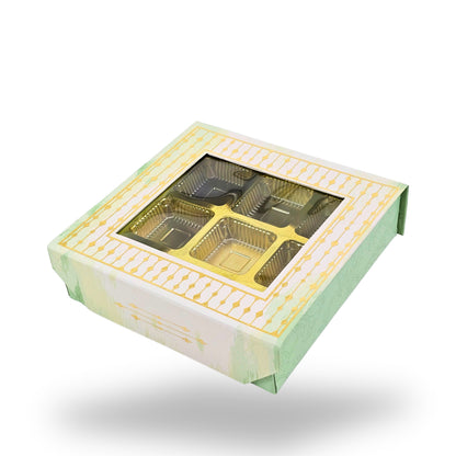 9 Cavity Rigid Chocolate Box With Window | Magnetic Flap | Green with Gold Foiling | 5.5x5.5x1.5 Inch