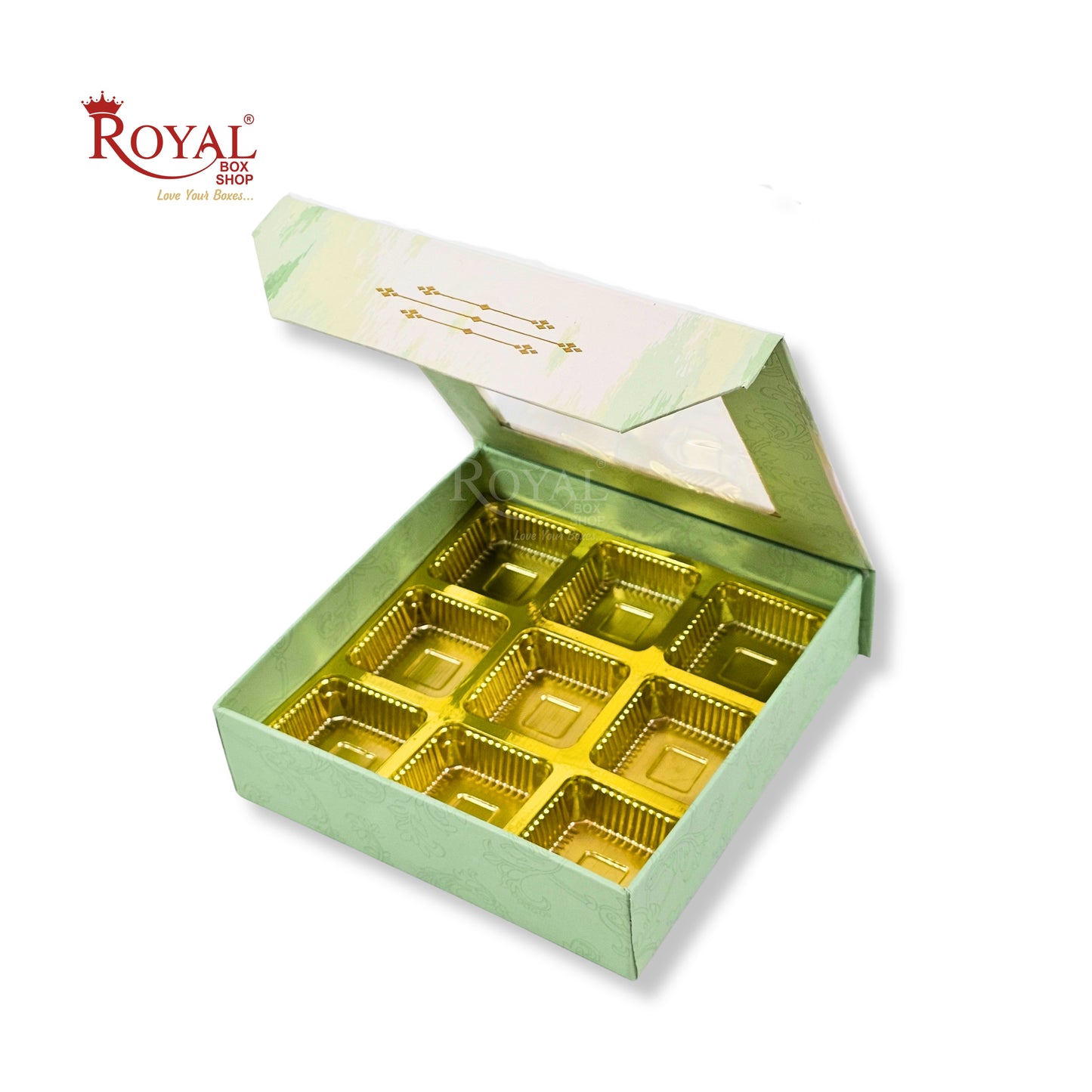 9 Cavity Rigid Chocolate Box With Window | Magnetic Flap | Green with Gold Foiling | 5.5x5.5x1.5 Inch