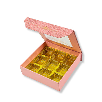 9 Cavity Rigid Chocolate Box With Window | Magnetic Flap | Peach with Gold Foiling | 5.5x5.5x1.5 Inch