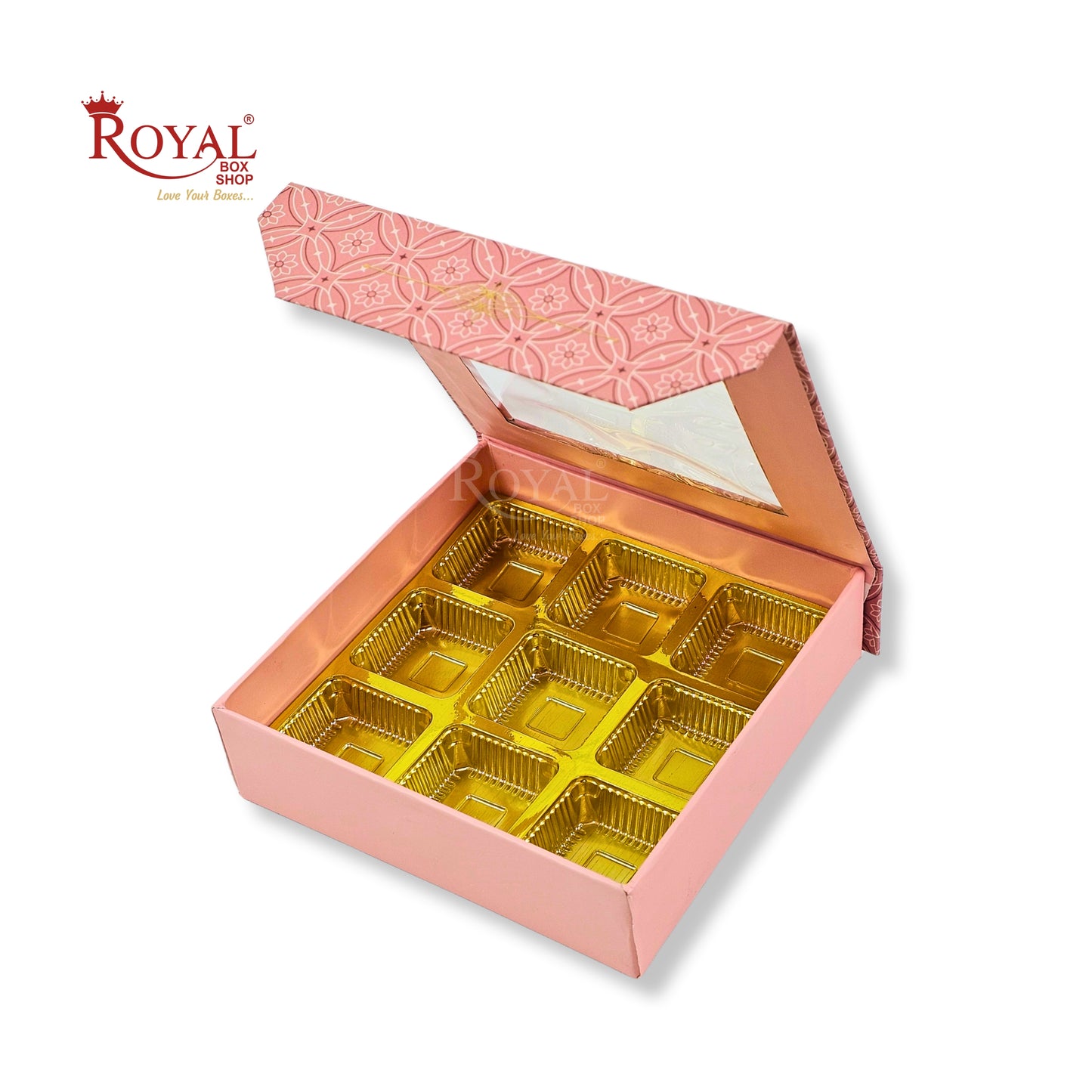 9 Cavity Rigid Chocolate Box With Window | Magnetic Flap | Peach with Gold Foiling | 5.5x5.5x1.5 Inch