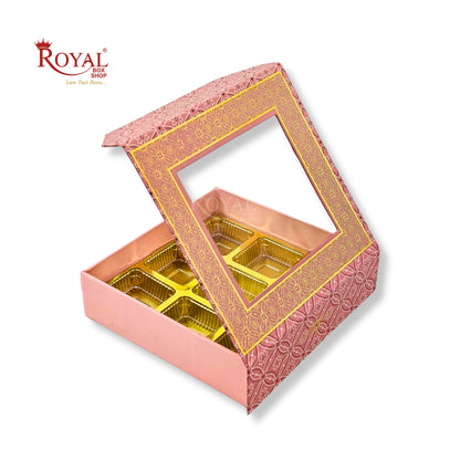 9 Cavity Rigid Chocolate Box With Window | Magnetic Flap | Peach with Gold Foiling | 5.5x5.5x1.5 Inch