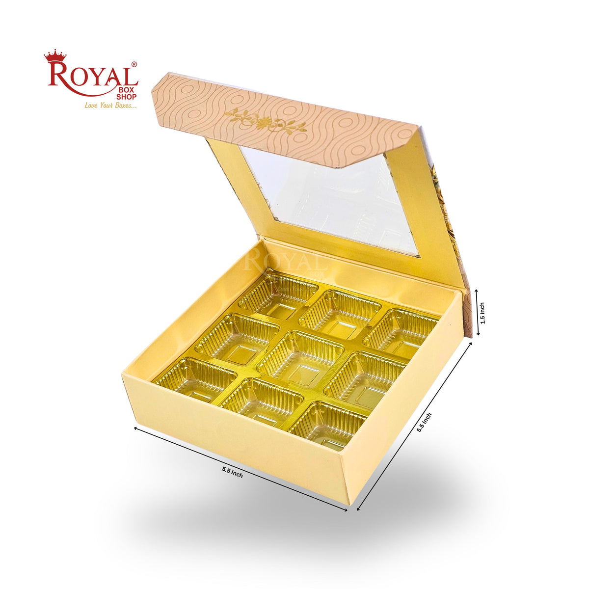 9 Cavity Rigid Chocolate Box With Window | Magnetic Flap |Pink Glower | 5.5x5.5x1.5 Inch