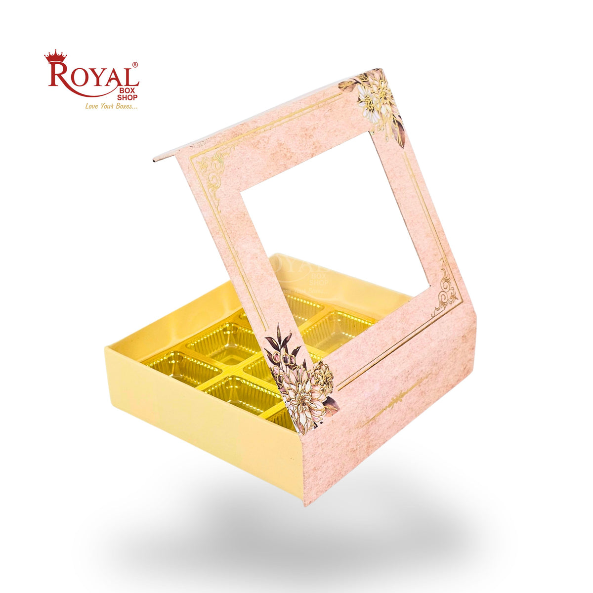9 Cavity Rigid Chocolate Box With Window | Magnetic Flap |Pink Glower | 5.5x5.5x1.5 Inch