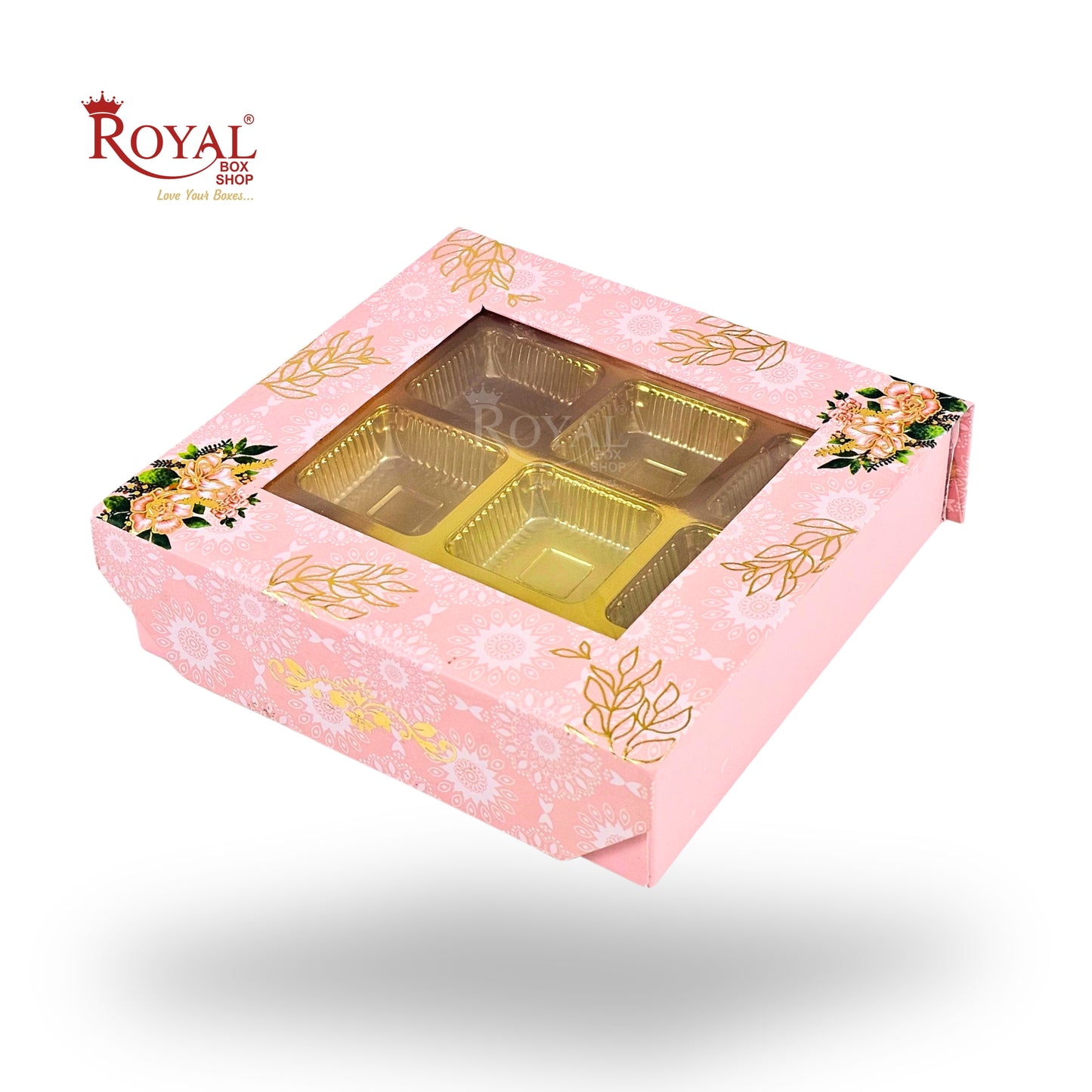 9 Cavity Rigid Chocolate Box With Window | Magnetic Flap | Pink with Gold Foiling | 5.5x5.5x1.5 Inch