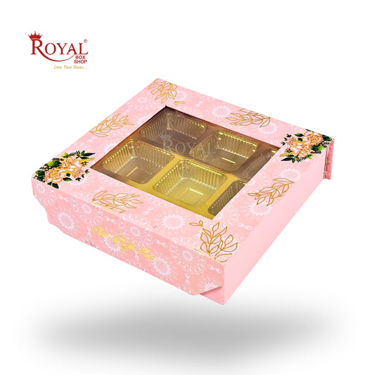 9 Cavity Rigid Chocolate Box With Window | Magnetic Flap | Pink with Gold Foiling | 5.5x5.5x1.5 Inch