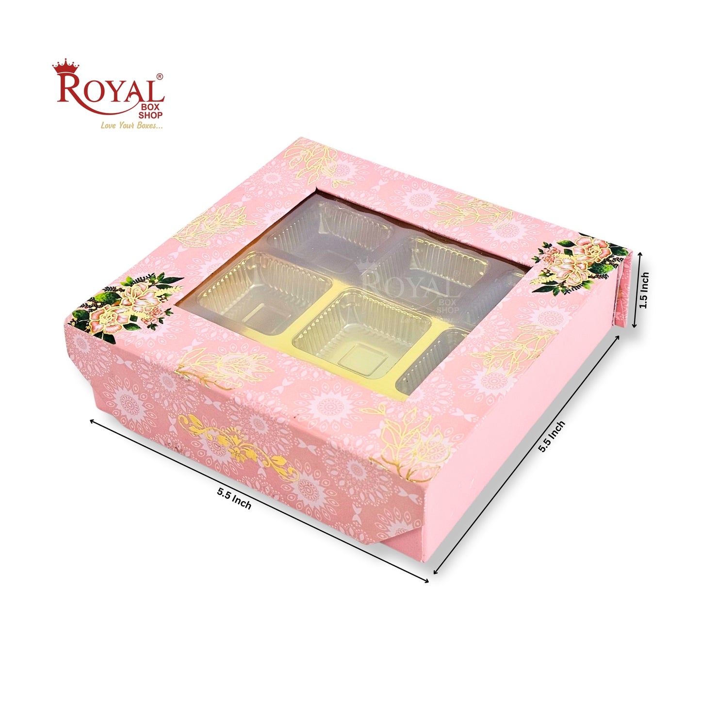 9 Cavity Rigid Chocolate Box With Window | Magnetic Flap | Pink with Gold Foiling | 5.5x5.5x1.5 Inch