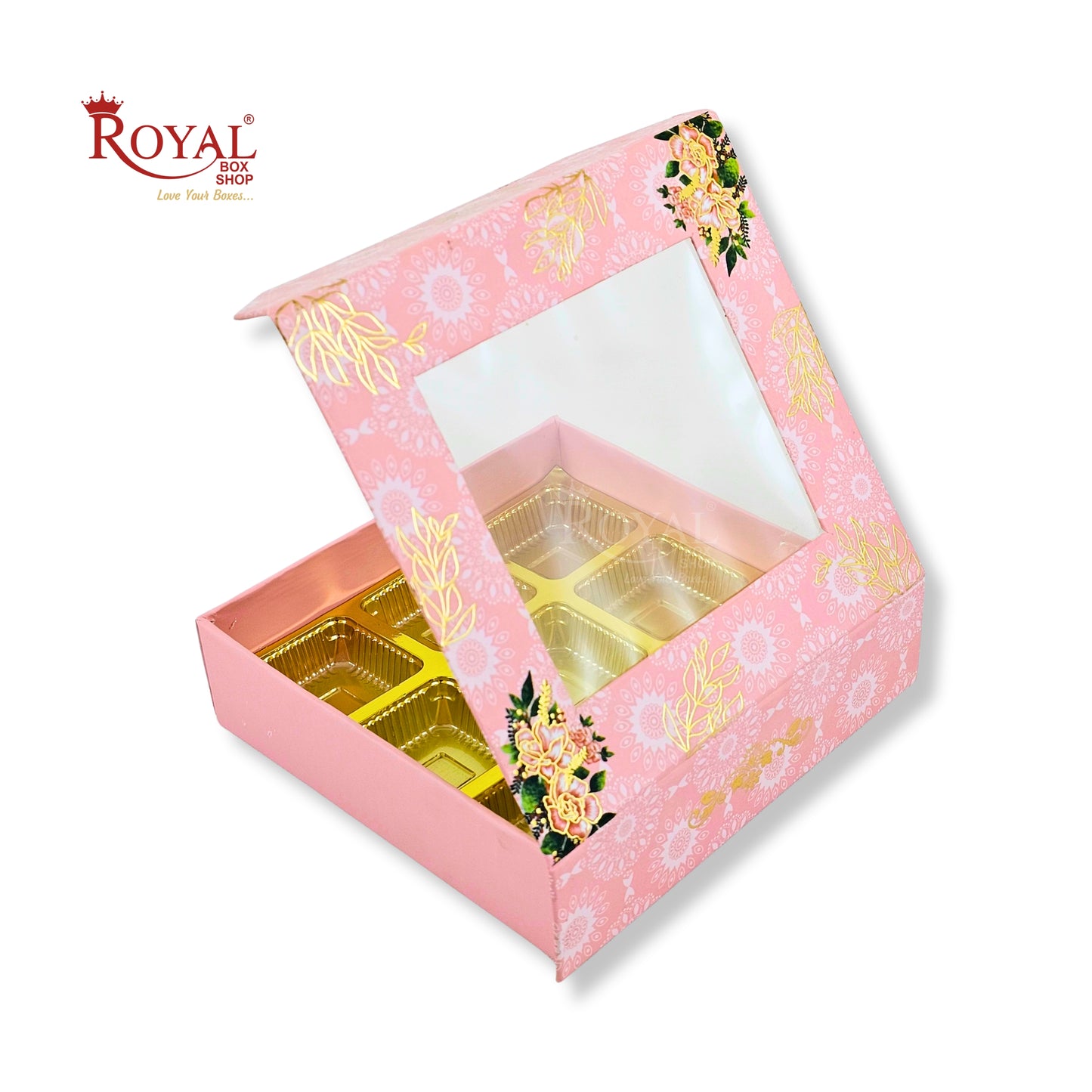 9 Cavity Rigid Chocolate Box With Window | Magnetic Flap | Pink with Gold Foiling | 5.5x5.5x1.5 Inch