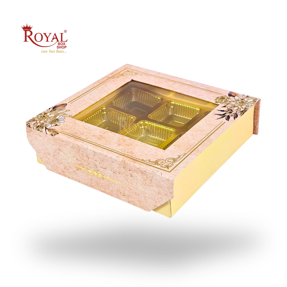 9 Cavity Rigid Chocolate Box With Window | Magnetic Flap |Pink Glower | 5.5x5.5x1.5 Inch