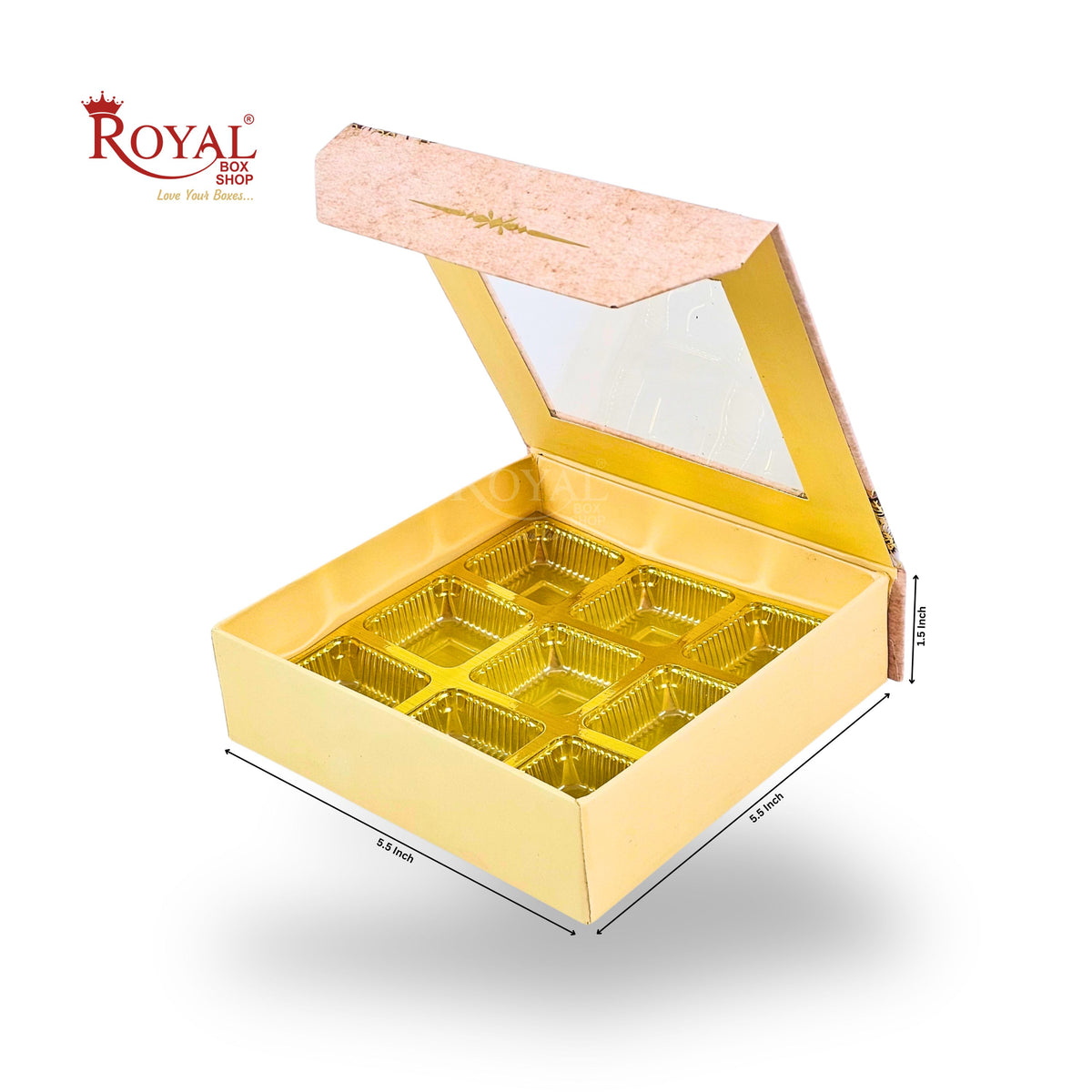 An open gold-colored square gift box with a clear window on the lid, shown on a white background with dimension lines indicating 15 cm by 15 cm and a height of 3 cm. The Royal Gold Shop logo is visible in the top left corner.