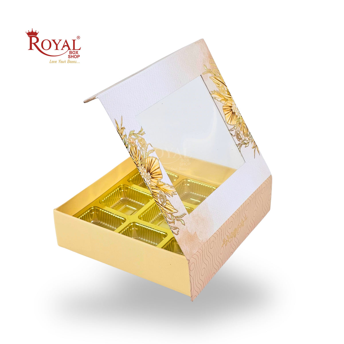 9 Cavity Rigid Chocolate Box With Window | Magnetic Flap |White Glower | 5.5x5.5x1.5 Inch