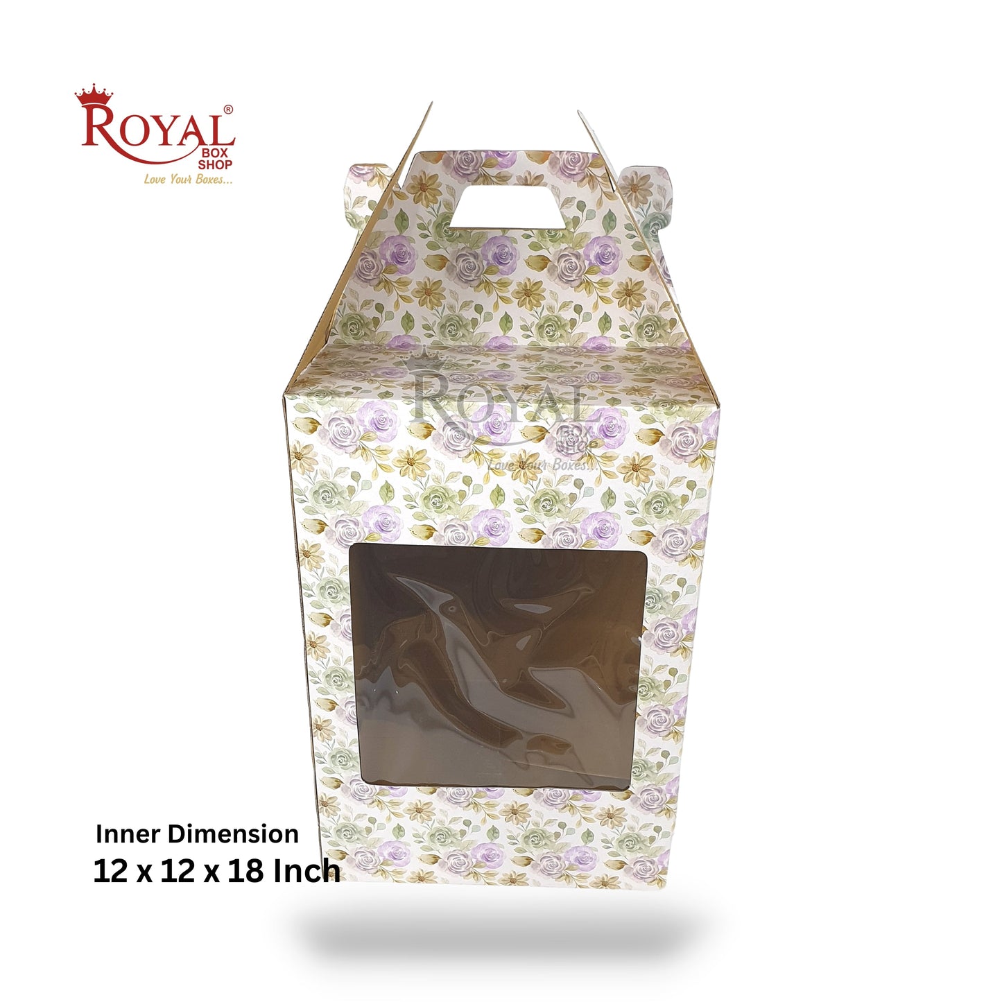 Corrugated Window Cake Box with Handle I Exquisite Floral Print I 12x12x18 Inch I Box for Birthdays & Celebrations Royal Box Shop