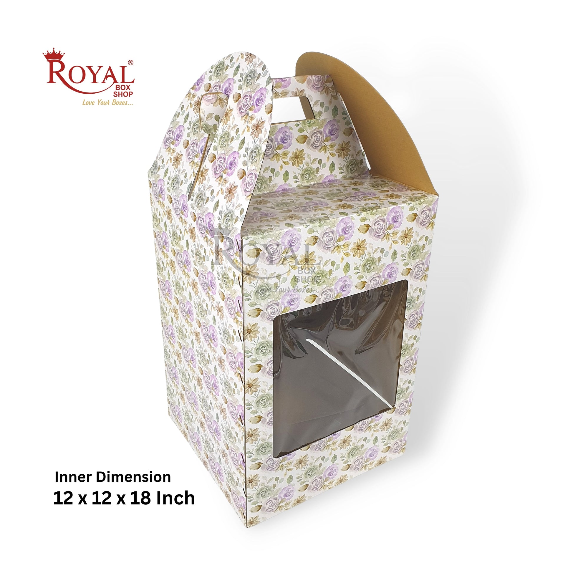 Corrugated Window Cake Box with Handle I Exquisite Floral Print I 12x12x18 Inch I Box for Birthdays & Celebrations Royal Box Shop