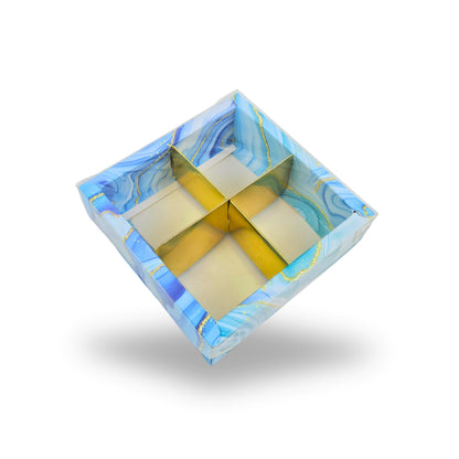 4pc Brownie Hamper Box with Transparent Lid | 6x6x2 inches | Blue Marble Print