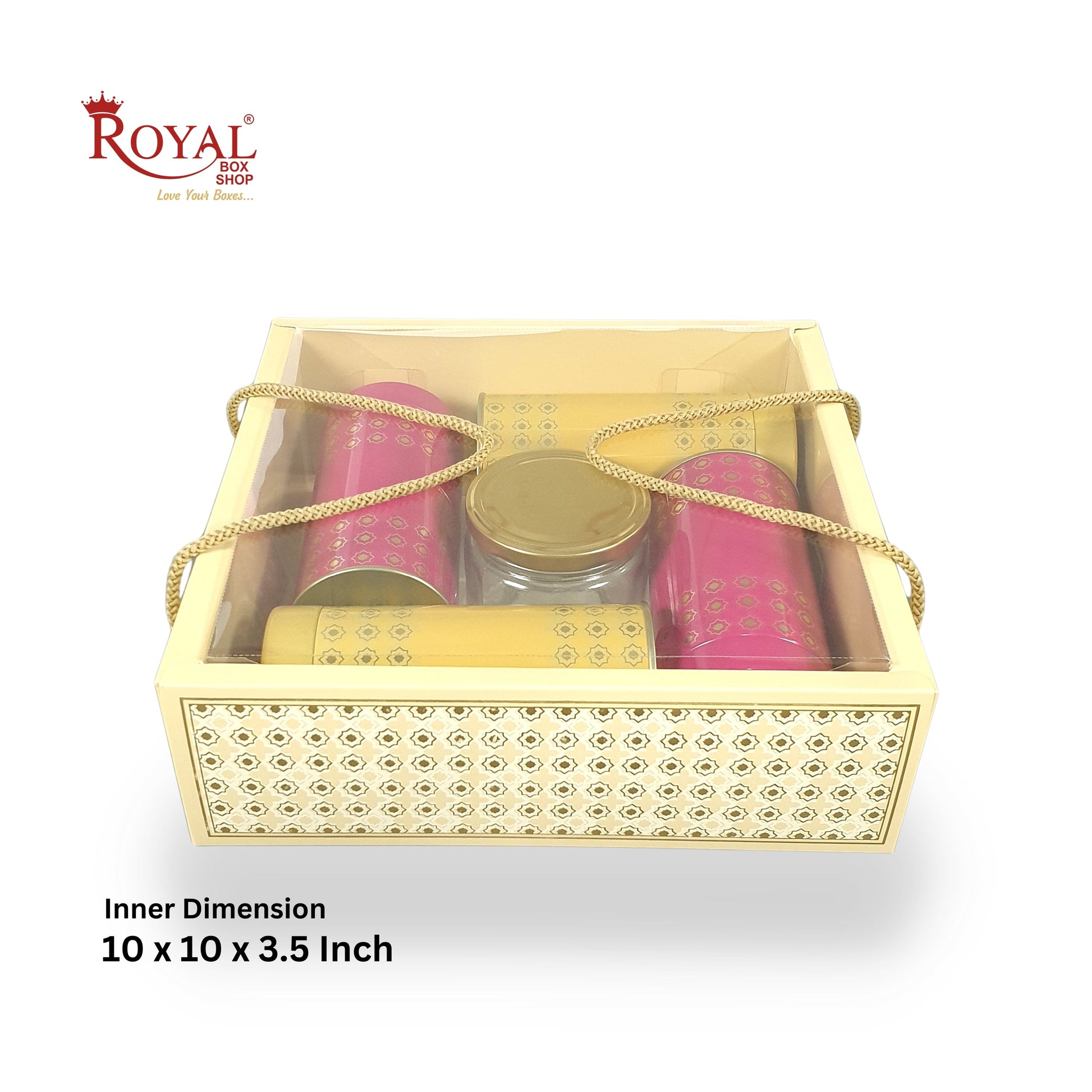 Premium Gift Hamper Bags with Transparent Lid I 10 x 10 x 3.5 inches I Beige Star Gold Foil Print I Wedding Gifting, Party Gifts, Return favor Gifting Royal Box Shop