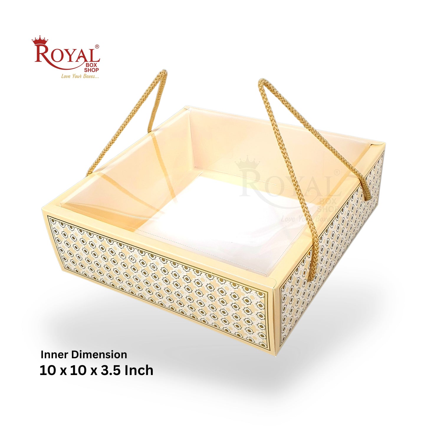 Premium Gift Hamper Bags with Transparent Lid I 10 x 10 x 3.5 inches I Beige Star Gold Foil Print I Wedding Gifting, Party Gifts, Return favor Gifting Royal Box Shop