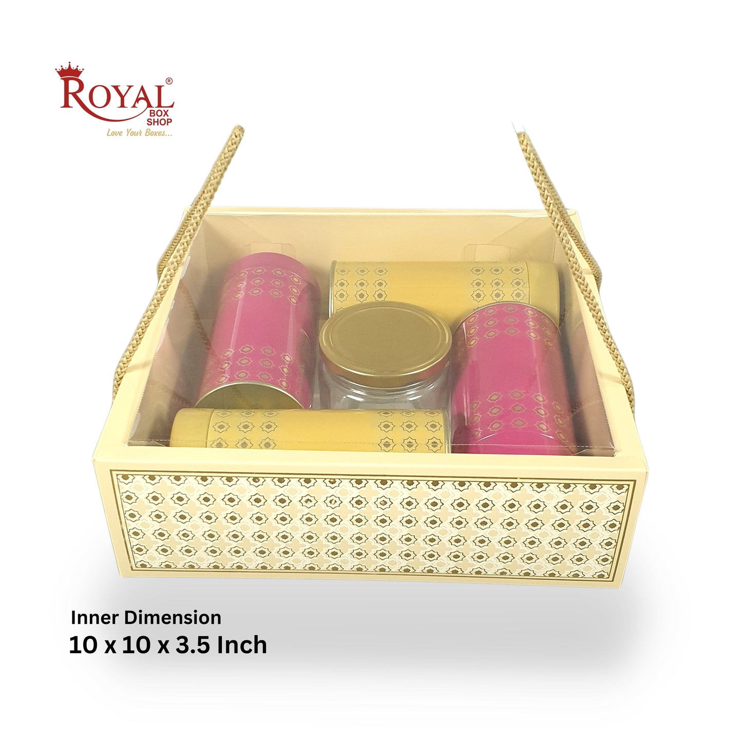 Premium Gift Hamper Bags with Transparent Lid I 10 x 10 x 3.5 inches I Beige Star Gold Foil Print I Wedding Gifting, Party Gifts, Return favor Gifting Royal Box Shop
