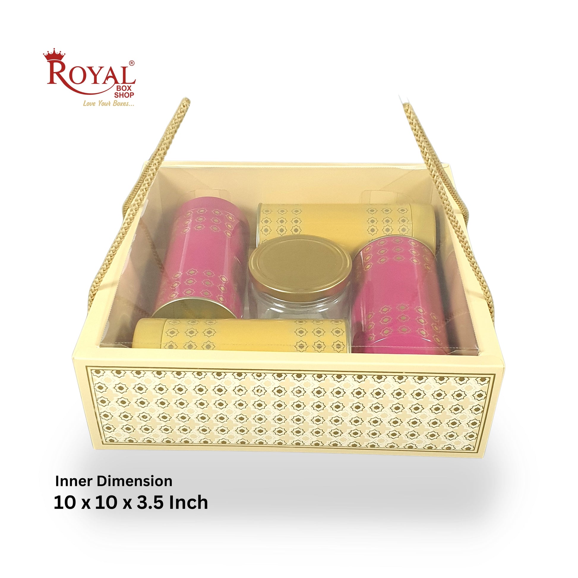 Premium Gift Hamper Bags with Transparent Lid I 10 x 10 x 3.5 inches I Beige Star Gold Foil Print I Wedding Gifting, Party Gifts, Return favor Gifting Royal Box Shop
