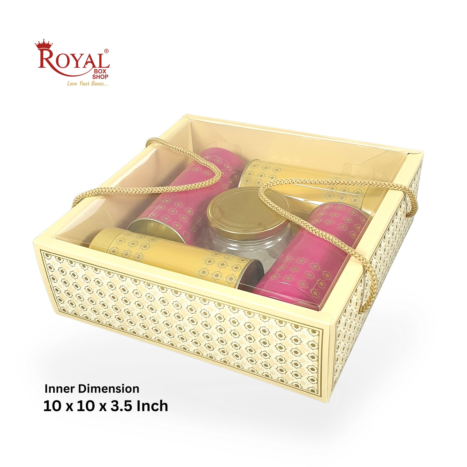 Premium Gift Hamper Bags with Transparent Lid I 10 x 10 x 3.5 inches I Beige Star Gold Foil Print I Wedding Gifting, Party Gifts, Return favor Gifting Royal Box Shop
