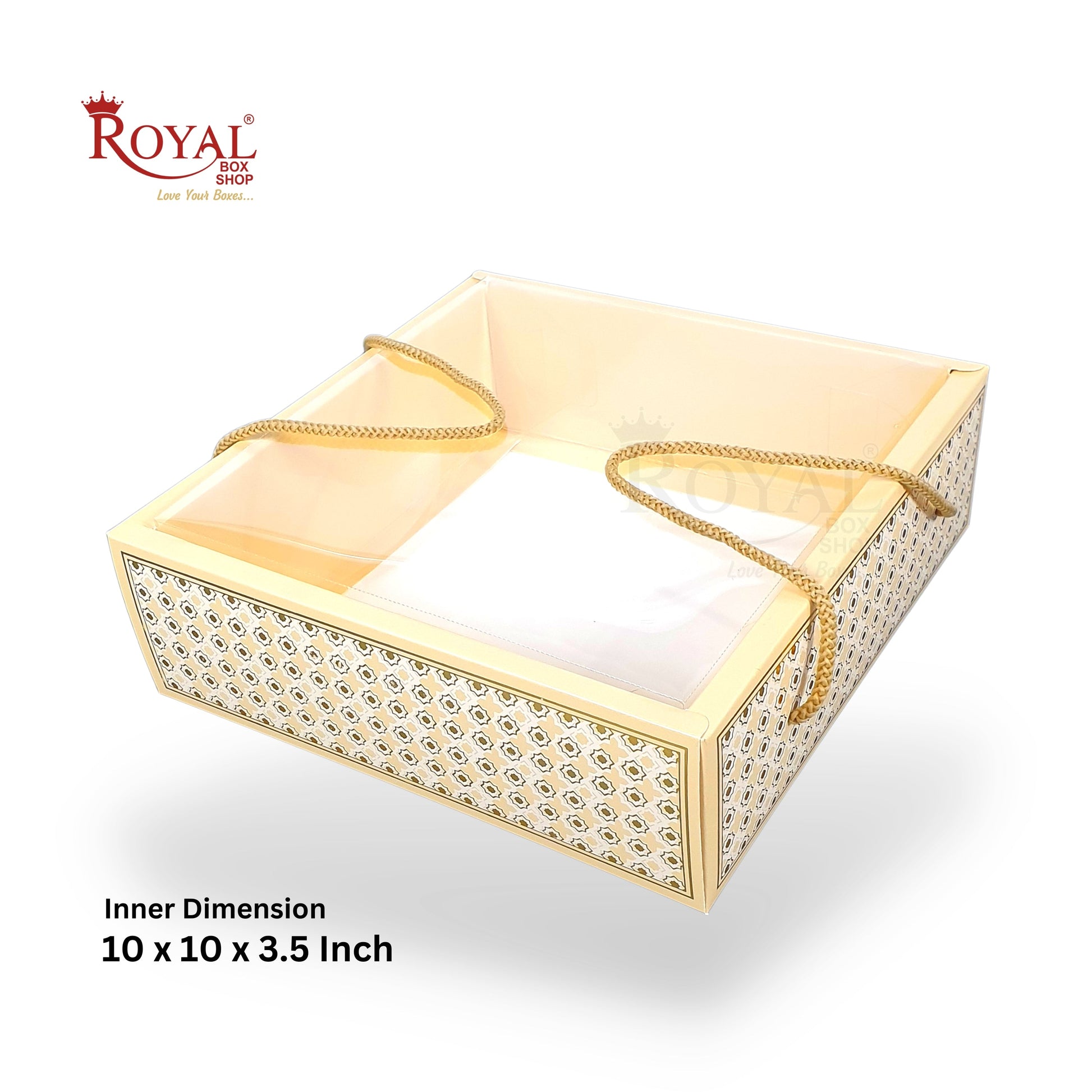 Premium Gift Hamper Bags with Transparent Lid I 10 x 10 x 3.5 inches I Beige Star Gold Foil Print I Wedding Gifting, Party Gifts, Return favor Gifting Royal Box Shop
