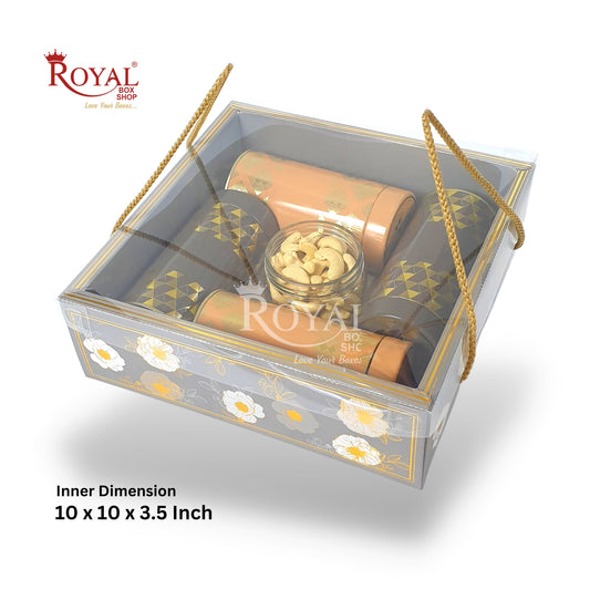 Premium Gift Hamper Bags with Transparent Lid I 10 x 10 x 3.5 inches I Grey Golden Flower I Christmas Gifting, Party Gifts, Return favor Gifting Royal Box Shop