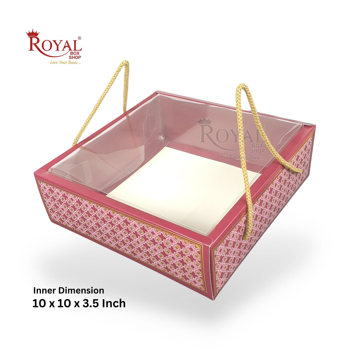 Premium Gift Hamper Bags with Transparent Lid I 10 x 10 x 3.5 inches I Red Star Golden Foil Print I Wedding Party Gifts, Return favor Gifting Royal Box Shop