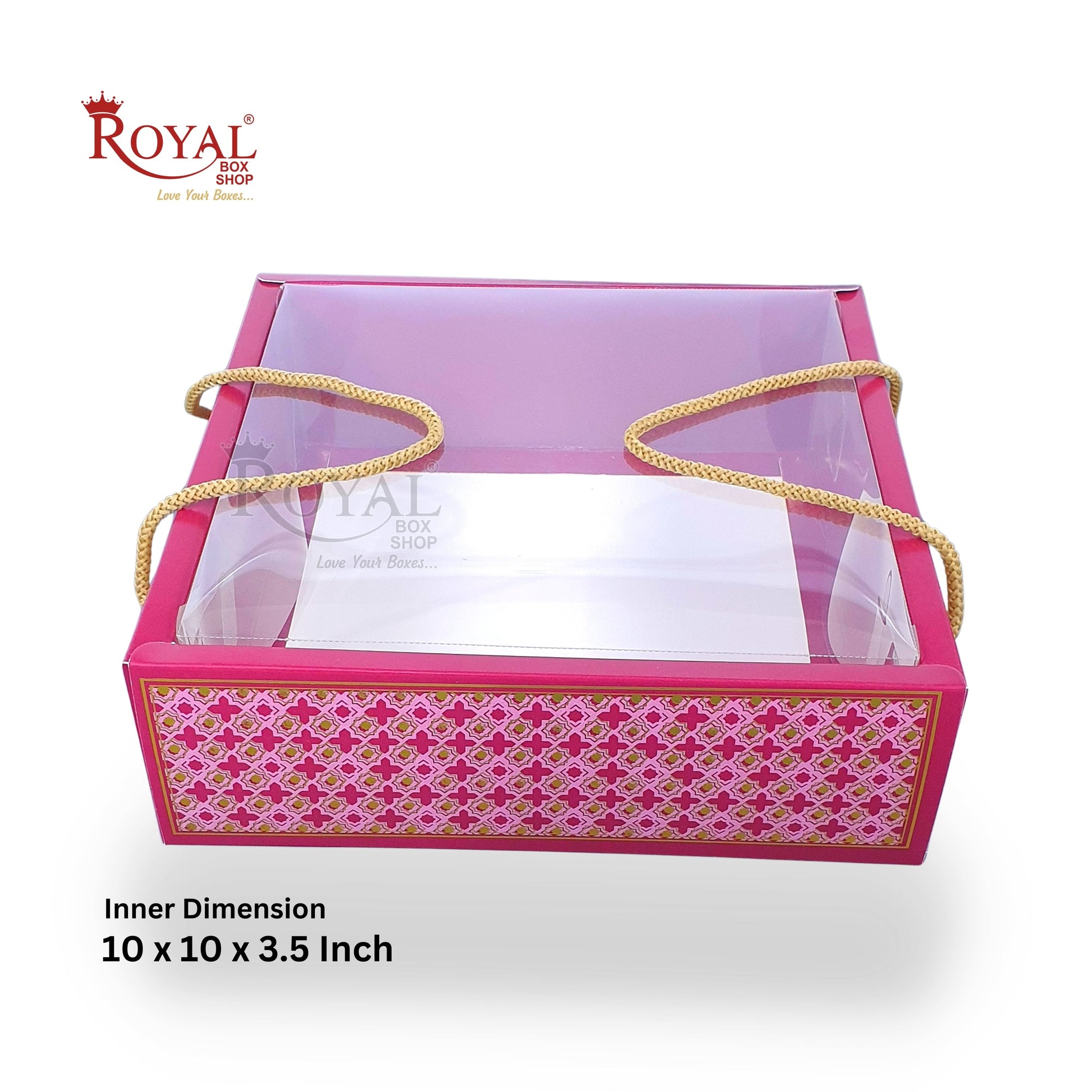 Premium Gift Hamper Bags with Transparent Lid I 10 x 10 x 3.5 inches I Red Star Golden Foil Print I Wedding Party Gifts, Return favor Gifting Royal Box Shop