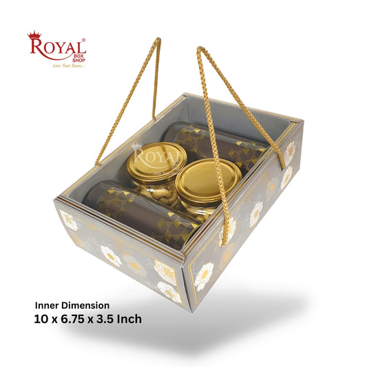 Premium Gift Hamper Bags with Transparent Lid I 10 x 6.75 x 3.5 inches I Grey Golden Flower I Christmas Gifting, Party Gifts, Return favor Gifting Royal Box Shop