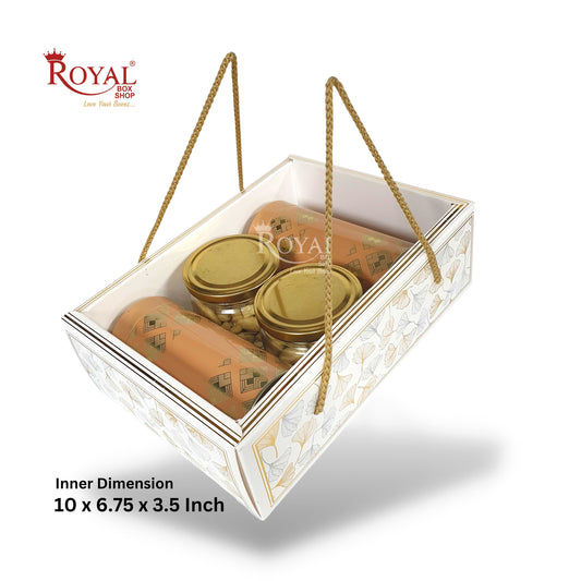 Premium Gift Hamper Bags with Transparent Lid I 10 x 6.75 x 3.5 inches I White Golden leaf I Christmas Gifting, Party Gifts, Return favor Gifting Royal Box Shop